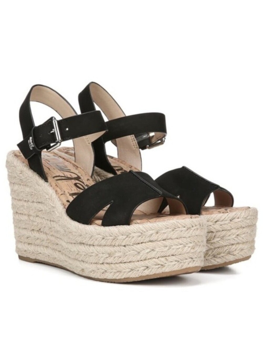 SAM EDELMAN, Black Espadrille Platform Wedge Sandals